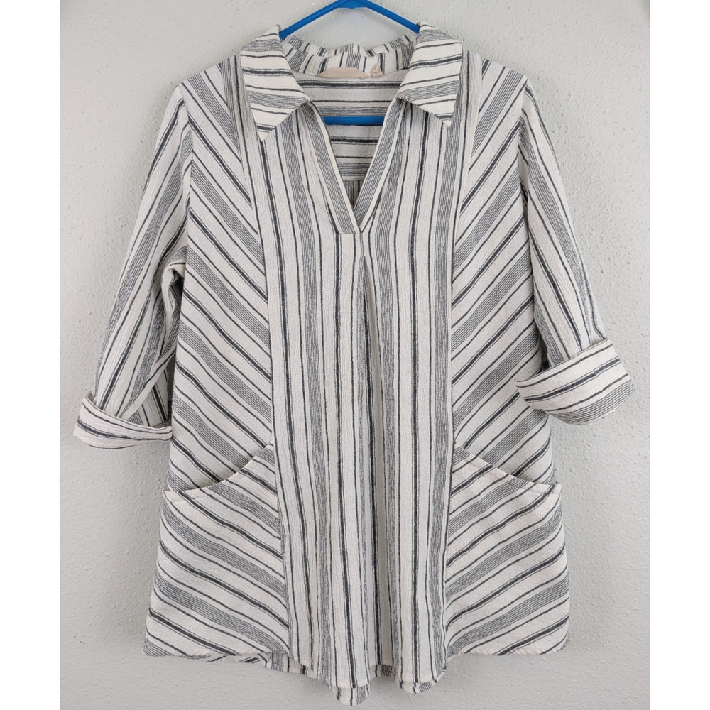Soft Surroundings sz L Tunic Shirt pullover 3/4 sleeves roll up stripes 1225